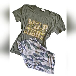 🌞Bobbie Brooks Wild Night Graphic Tee and Camo Shorts Set